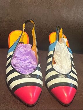 Vintage Anne Klein Leather Striped Pointed Slingback heels in bright fun colors